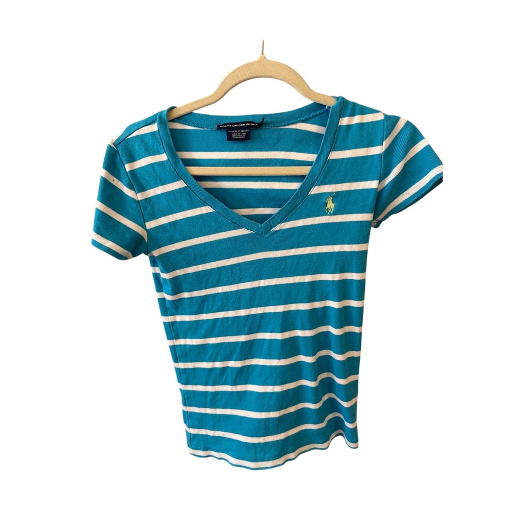 Y2K Vintage 90's Ralph Lauren Sport sz small aqua stripe  w/ v-neck baby Tee EC